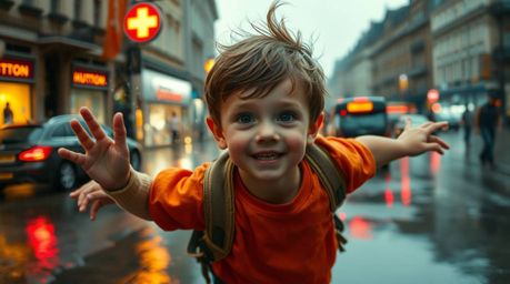 A heartwarming image depicting a young boy with flushed cheeks soaring above a rain-soaked London using pixie dust. The scene