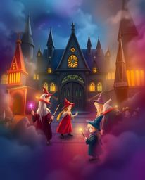Immerse yourself in a magical school brimming with young wizards, where seamless color blending creates a vibrant atmosphere.