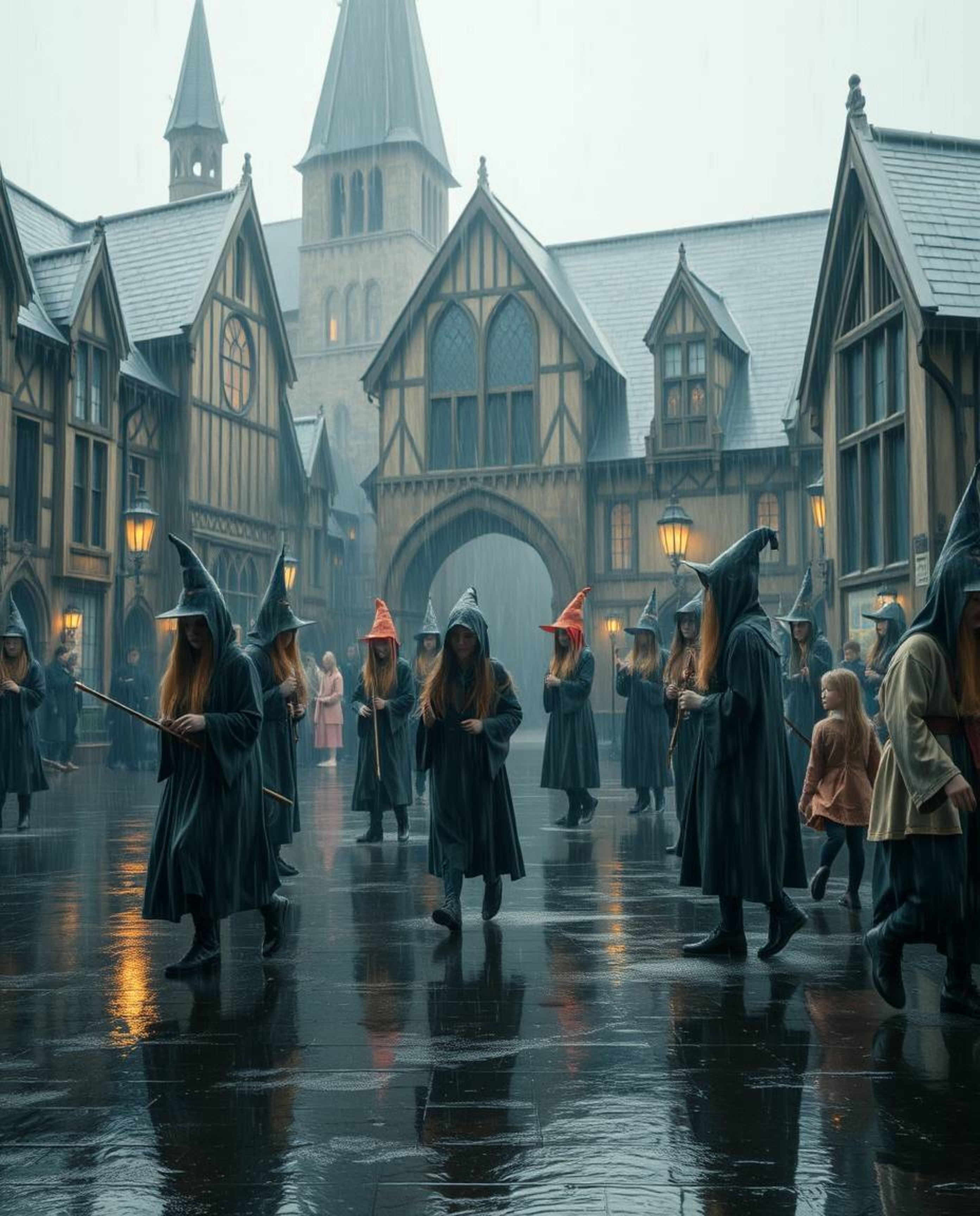 Immerse yourself in a magical school teeming with young wizards, captured in a wet and rainy scene with a soft, dreamy atmosp