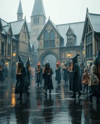 Immerse yourself in a magical school teeming with young wizards, captured in a wet and rainy scene with a soft, dreamy atmosp
