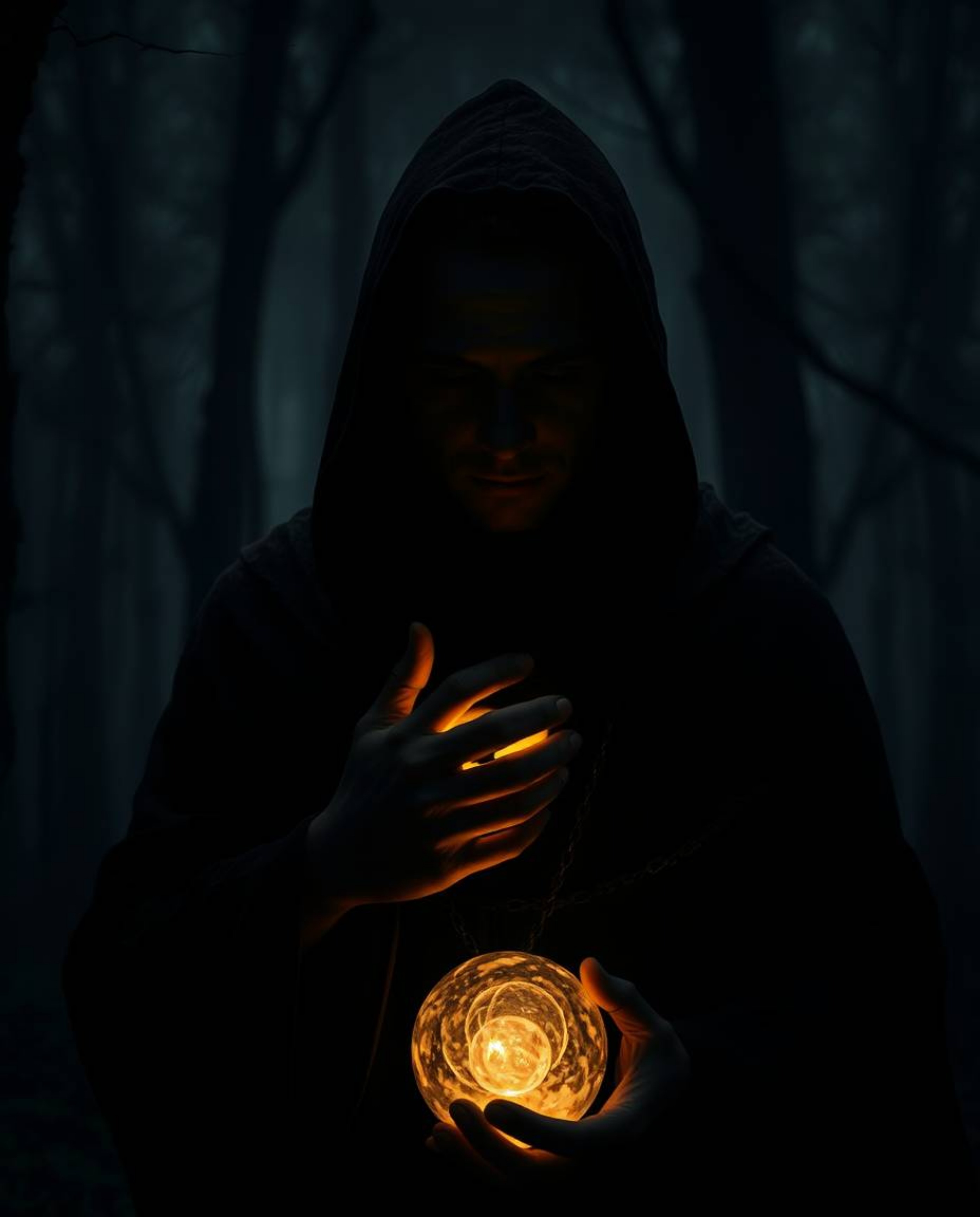 A captivating close-up image featuring a cloaked figure in a misty forest, dramatically lit with high-contrast, low-key light