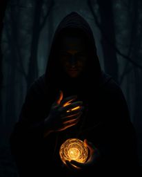 A captivating close-up image featuring a cloaked figure in a misty forest, dramatically lit with high-contrast, low-key light