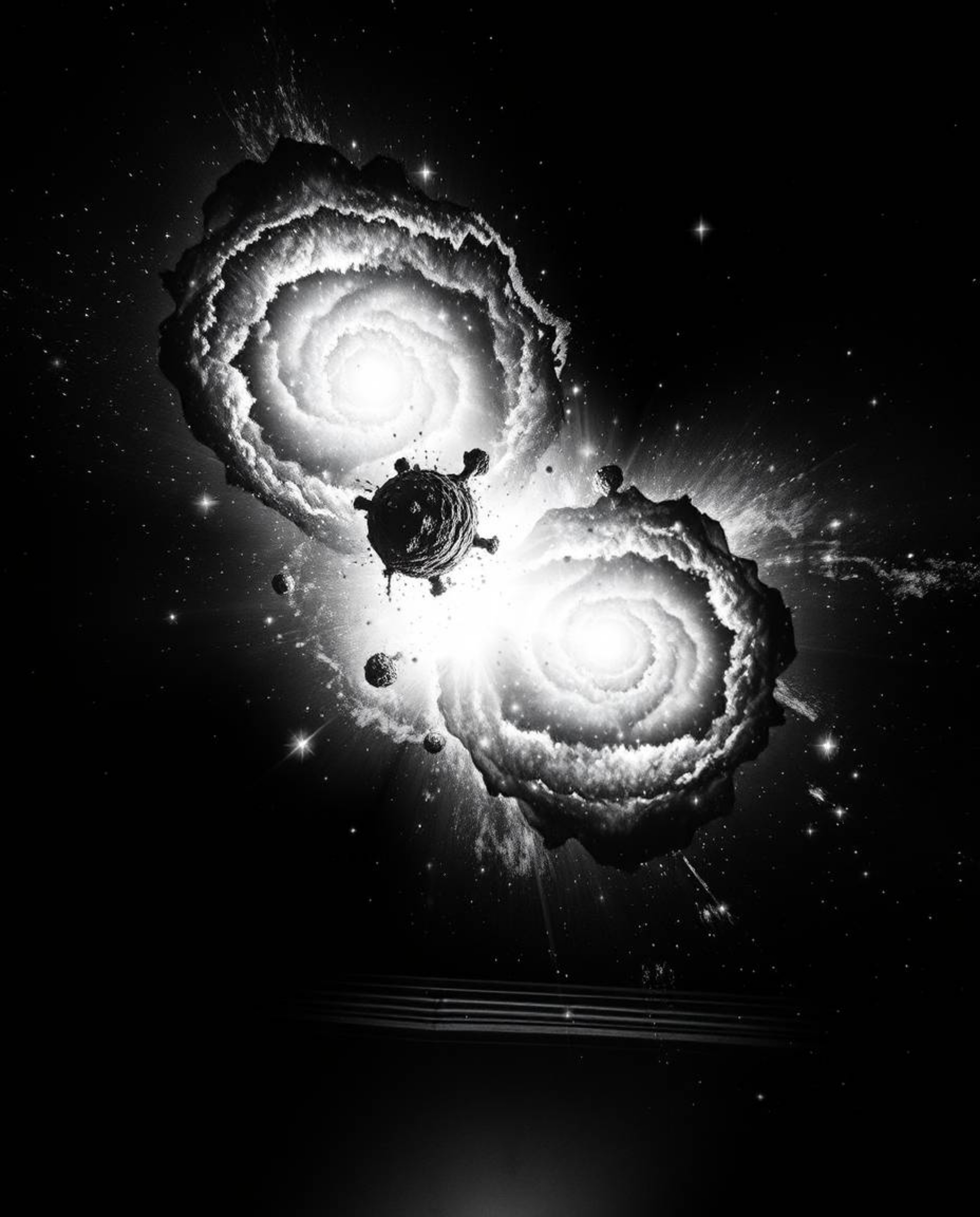 This artwork captures the dramatic collision of galaxies in a stunning cosmic display. Rendered in cast bronze with a classic