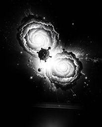 This artwork captures the dramatic collision of galaxies in a stunning cosmic display. Rendered in cast bronze with a classic