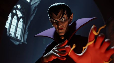 A captivating scene featuring a classic Disney villain with a strong jawline and dark eyes, engrossed in casting a spell with