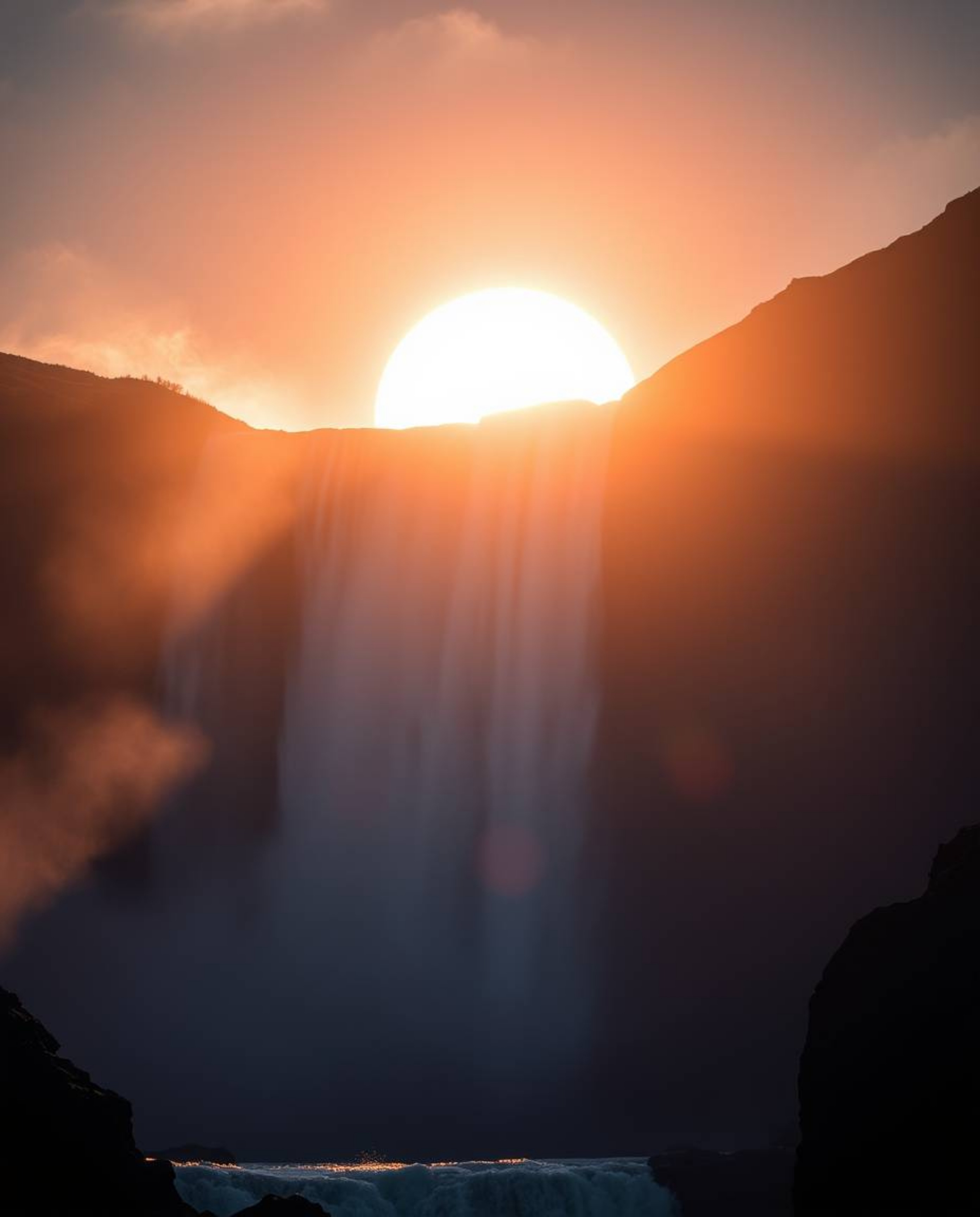 This is a cinematic and epic scene featuring a massive waterfall silhouetted against the setting sun. The composition is enha