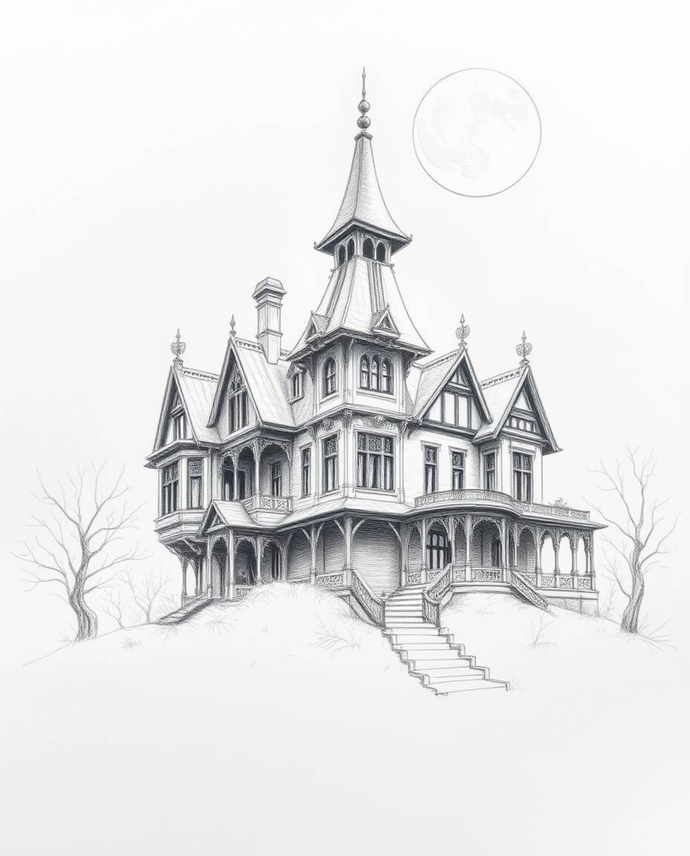 This hand-drawn sketch depicts a fog-covered Victorian mansion bathed in moonlight, rendered on an epic scale with rough line