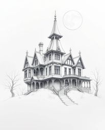This hand-drawn sketch depicts a fog-covered Victorian mansion bathed in moonlight, rendered on an epic scale with rough line