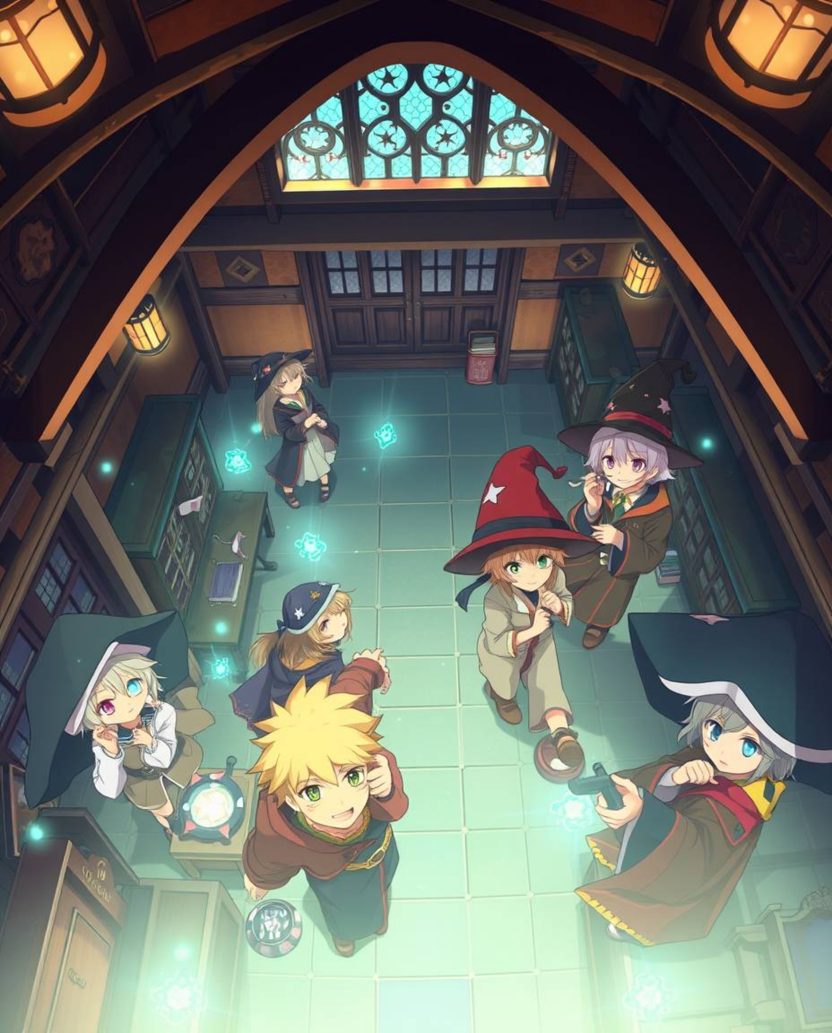 A captivating high-angle perspective showcases a magical school brimming with expressive young wizards, rendered in a vibrant