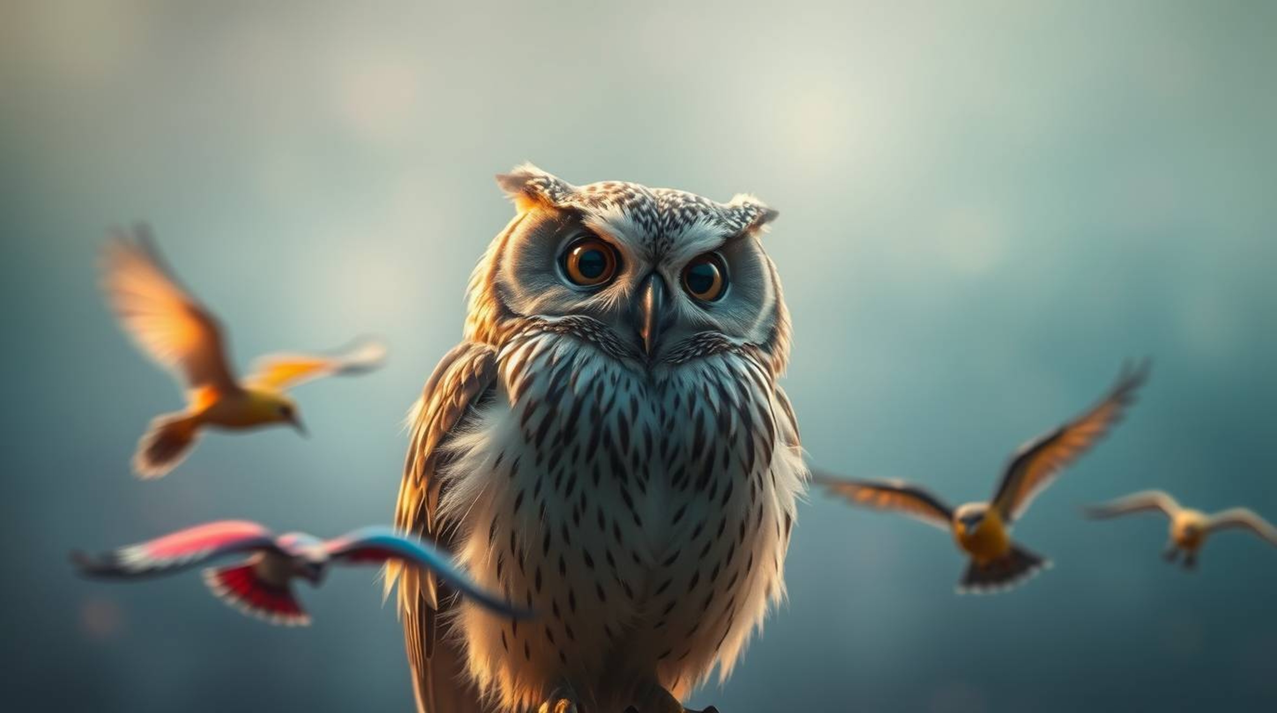 This mystical long exposure photograph captures a wise, blind owl with soft feathers, rendered in a charming Pixar style. It 