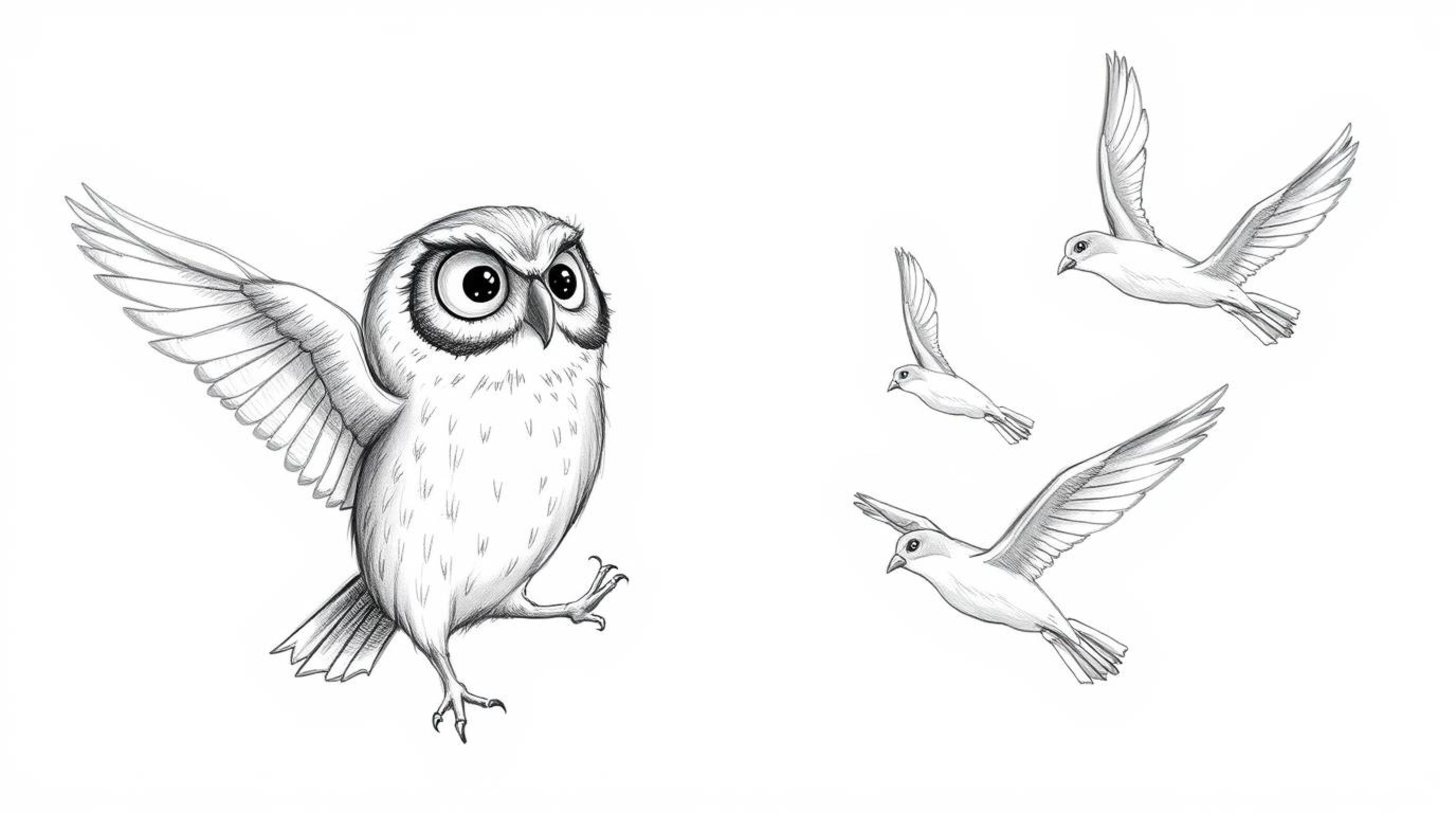 A charming Pixar-style hand-drawn sketch depicts a wise-looking blind owl patiently teaching a flock of birds to soar.  The o