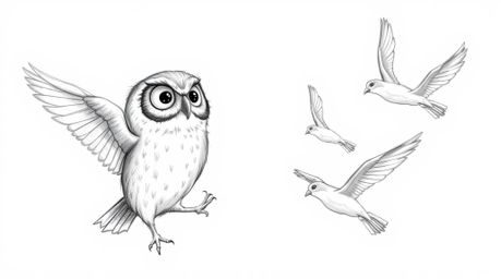 A charming Pixar-style hand-drawn sketch depicts a wise-looking blind owl patiently teaching a flock of birds to soar.  The o