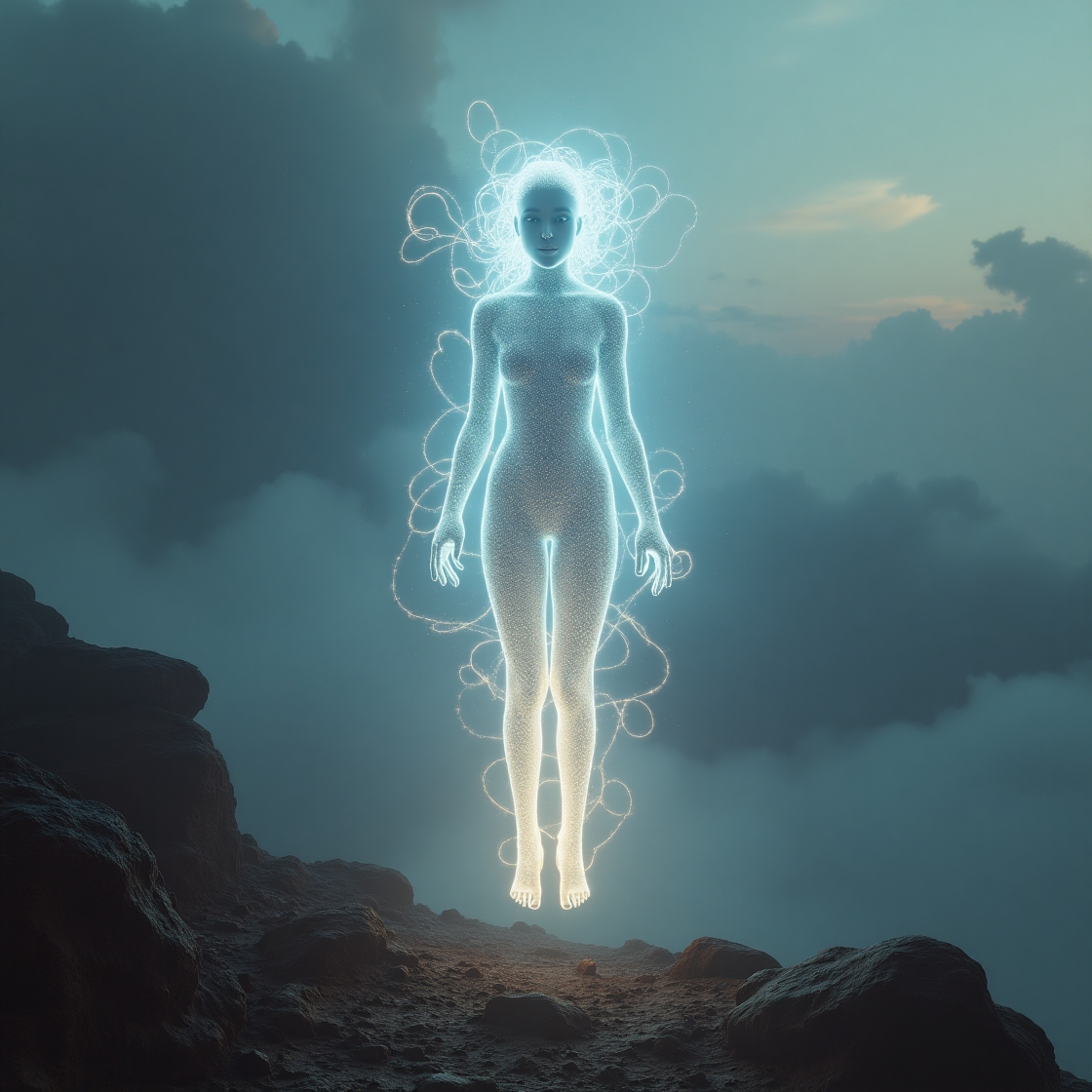 A mesmerizing vision of an ethereal, light-based being gracefully floats above a rugged planet. Its androgynous, humanoid for