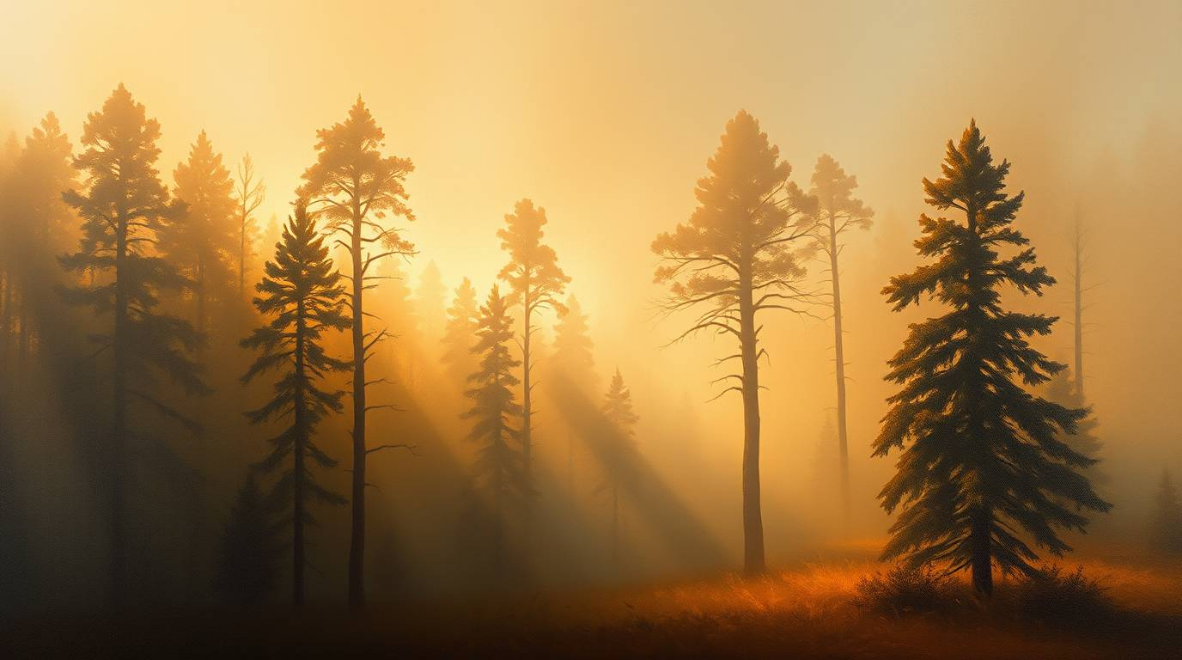 Immerse yourself in the ethereal beauty of a misty forest bathed in the warm, golden light of the golden hour. This oil on ca