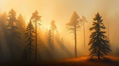 Immerse yourself in the ethereal beauty of a misty forest bathed in the warm, golden light of the golden hour. This oil on ca