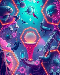 A dreamlike surreal image featuring a seamless geometric pattern of hexagons and triangles in a vibrant neon color palette.  