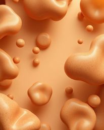 A captivating high-angle 3D render showcases fluid organic blobs in natural earth tones. Translucent materials float graceful
