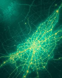 A captivating abstract city map rendered in vibrant teal bioluminescent colors.  Geometric shapes form the cityscape, viewed 