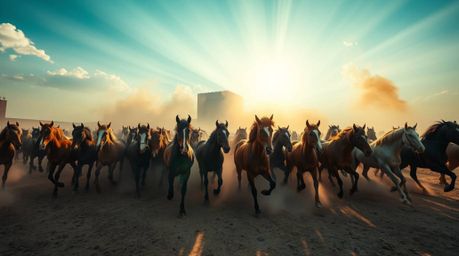 Stunning architectural color photography showcasing a herd of wild horses running beneath a vibrant, glowing sky.  The image 