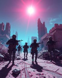 Experience a surreal battlefield bathed in infrared tones and vibrant lens flares, showcasing time-warped soldiers amidst cru