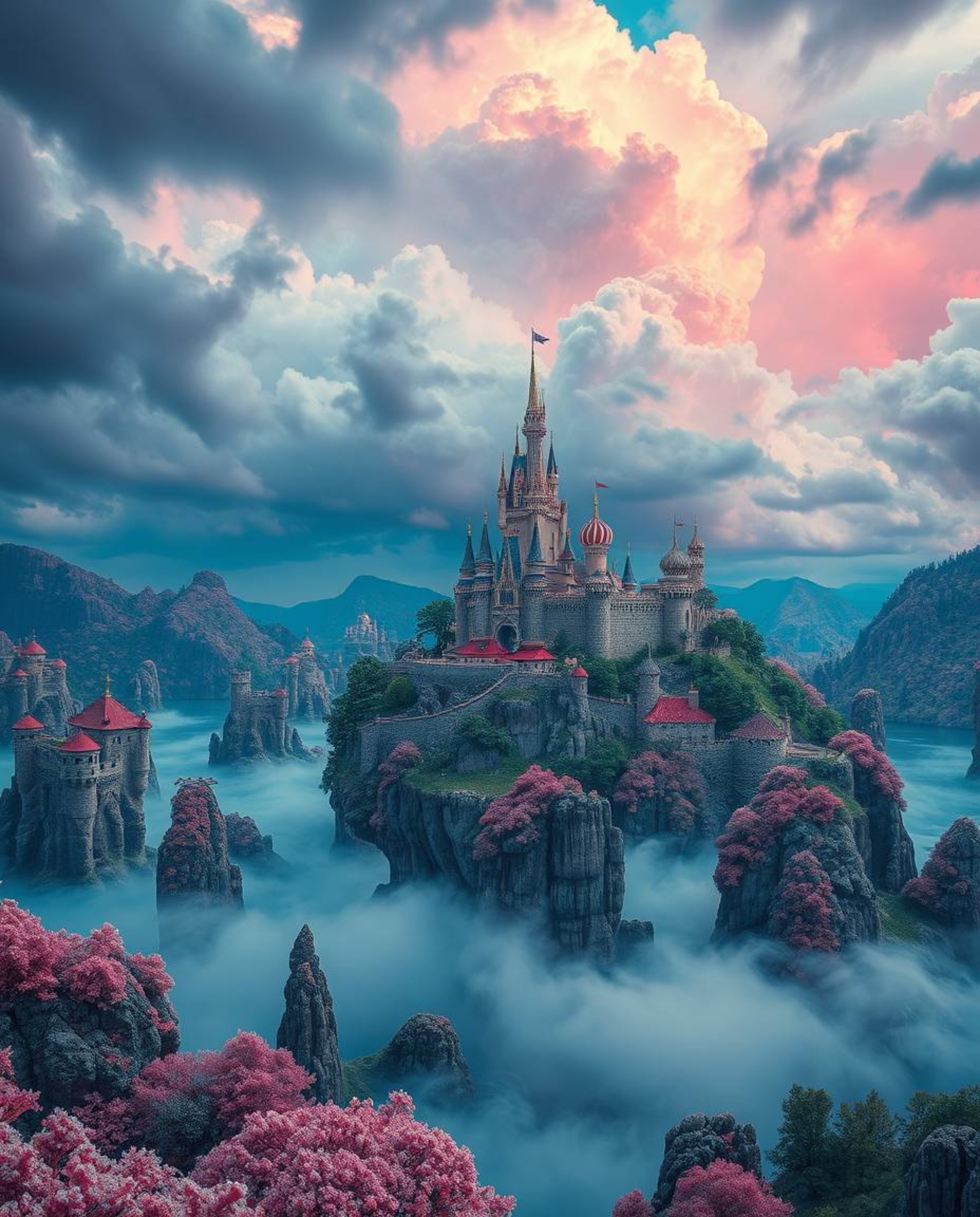 Discover a breathtaking surreal kingdom rendered in vibrant infrared tones.  Witness floating islands and majestic castles un