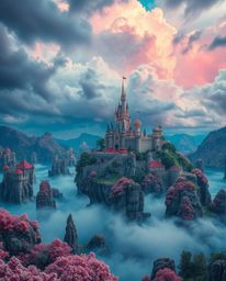 Discover a breathtaking surreal kingdom rendered in vibrant infrared tones. Witness floating islands and majestic castles un