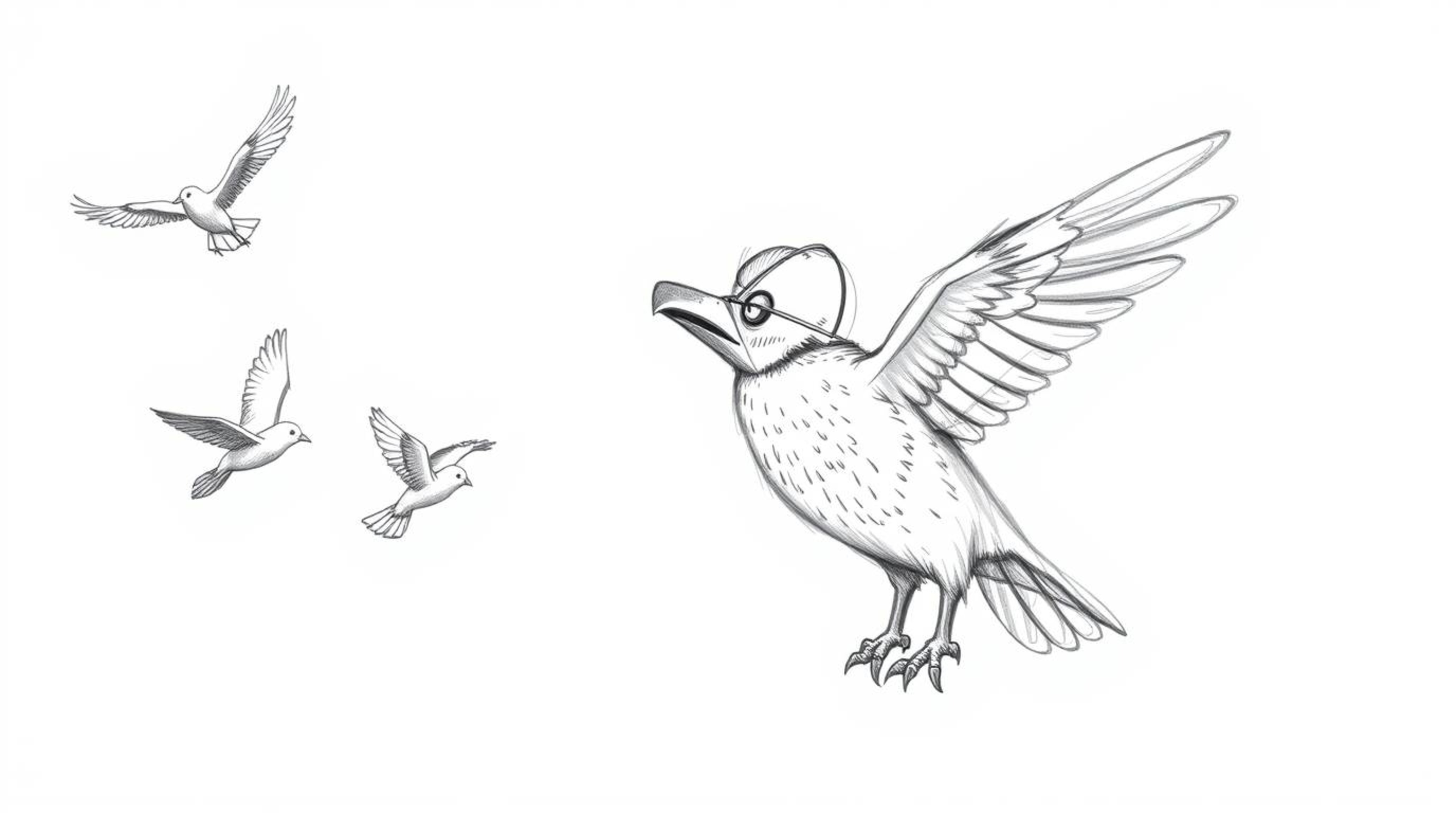 A hand-drawn sketch in Pixar style depicts a blind owl teaching birds to fly. The rough, textured pencil strokes applied to t