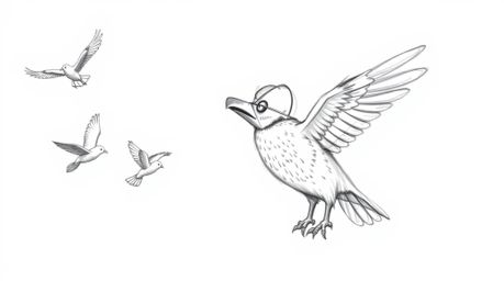 A hand-drawn sketch in Pixar style depicts a blind owl teaching birds to fly. The rough, textured pencil strokes applied to t
