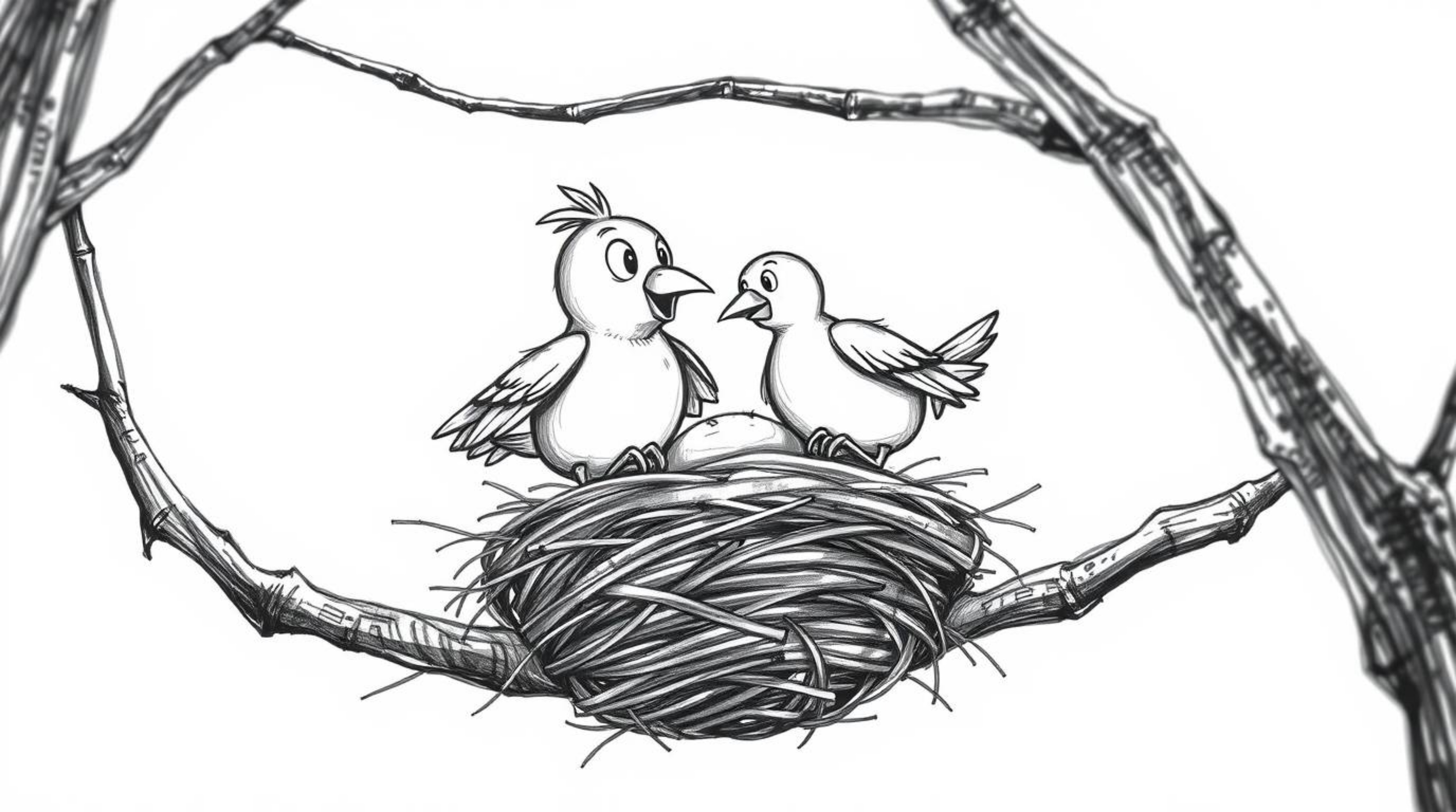 A charming hand-drawn animation depicting two cartoon birds diligently constructing a nest.  Rendered in a classic animation 