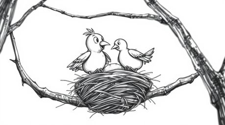A charming hand-drawn animation depicting two cartoon birds diligently constructing a nest.  Rendered in a classic animation 