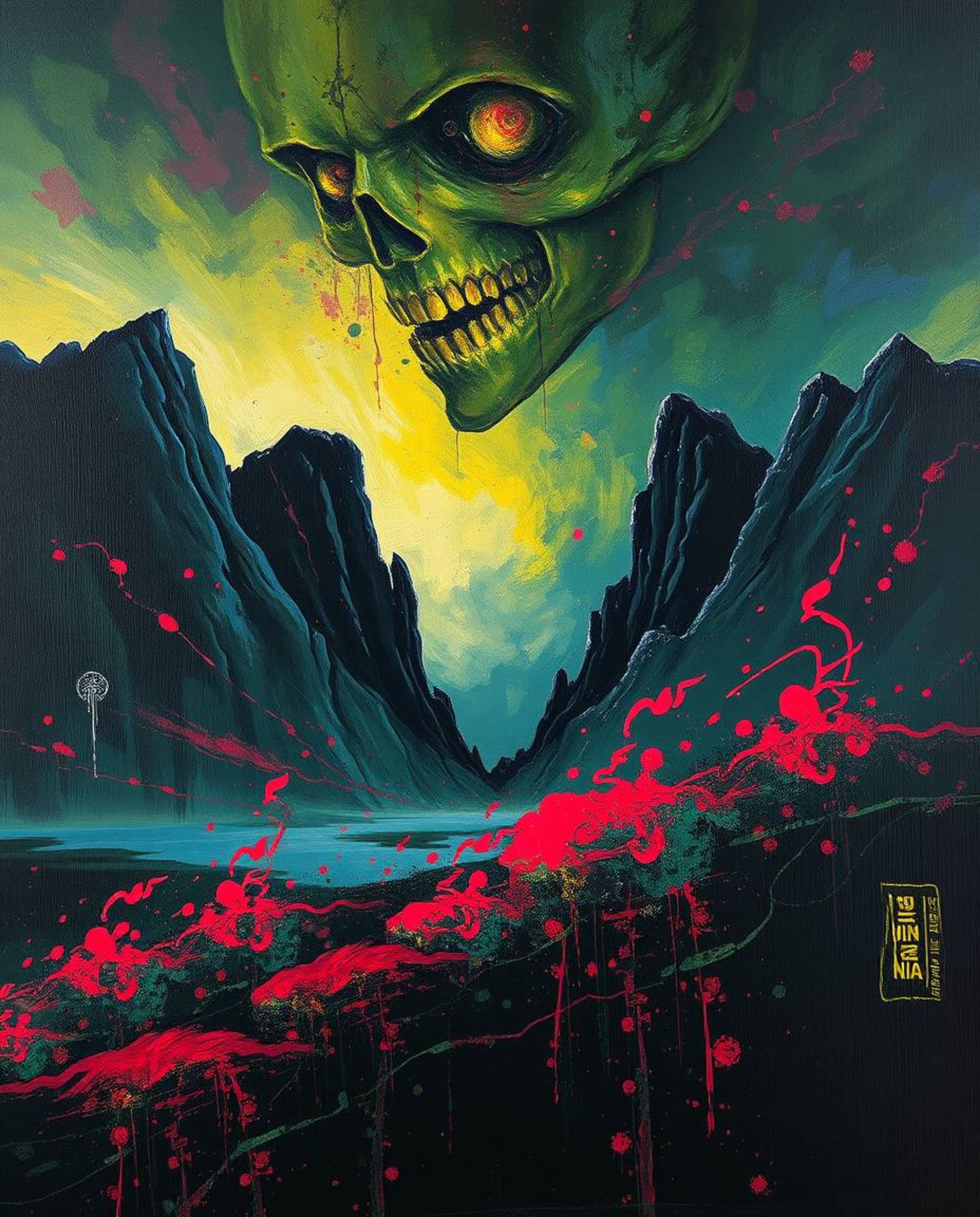 A bold acrylic painting depicting a digital glitch landscape breaking apart.  The eerie and creepy atmosphere is enhanced by 