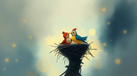 A captivating digital painting showcases two cartoon birds diligently constructing a nest. Rendered in a classic animation s