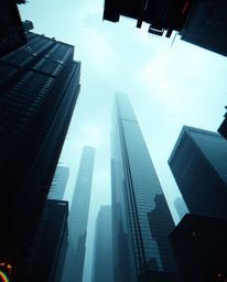Experience a captivating low-angle view of a glitchy digital landscape.  Distorted skyscrapers pierce a sky filled with stati