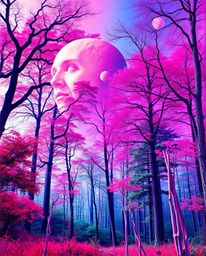 Explore a captivating world of digital glitch art where dreamlike, surreal imagery meets a natural forest scene.  Experience 