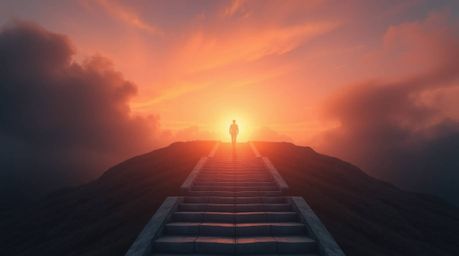 A high-angle perspective captures a lone figure ascending stone stairs bathed in the divine light of a sunset sky, thick with