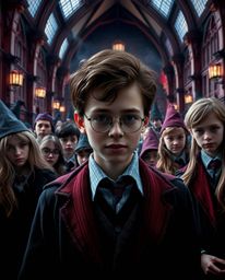 Immerse yourself in a close-up, detailed shot of a magical school teeming with young wizards, rendered in rich burgundy and d
