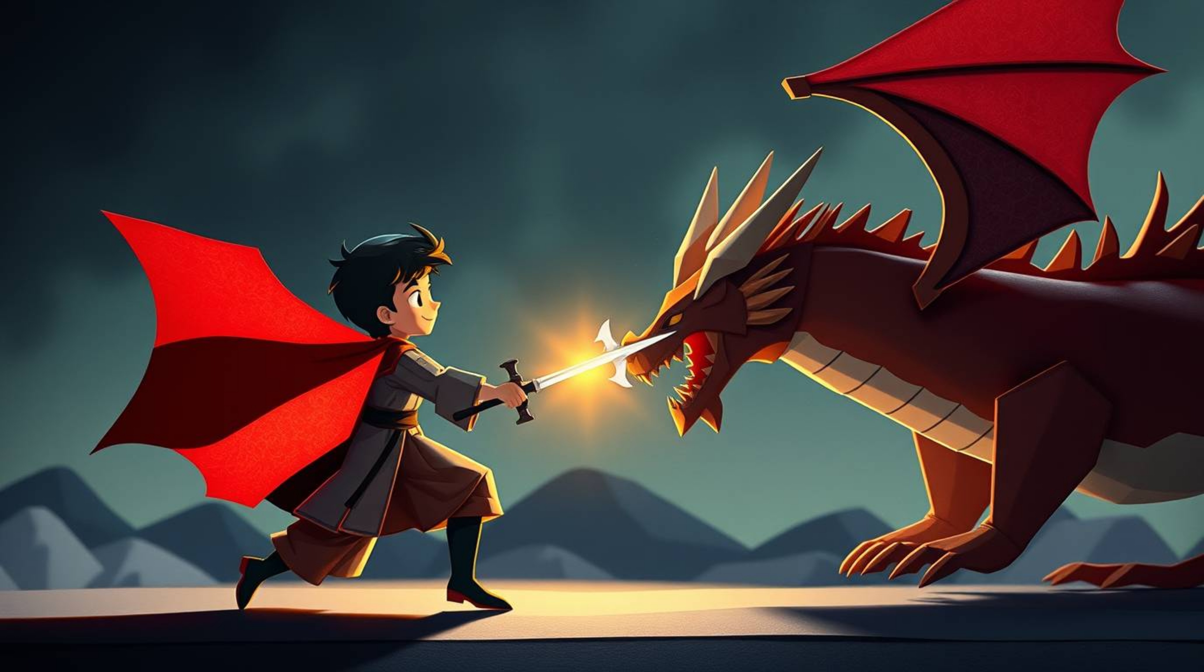 A captivating origami-style illustration depicts a charming prince bravely battling a fearsome dragon.  Rendered in a dramati