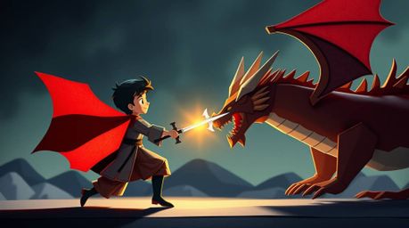 A captivating origami-style illustration depicts a charming prince bravely battling a fearsome dragon.  Rendered in a dramati