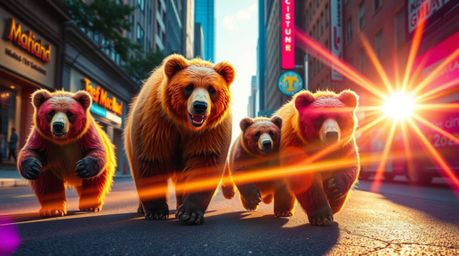 A whimsical journey follows a bear family as they explore a bustling city street.  Bathed in bright lens flares and energetic