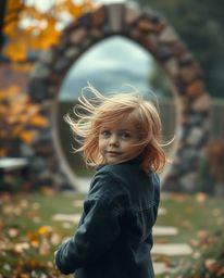 A captivating image of a child with windblown hair, sharply in focus against a softly blurred autumnal background, discovers