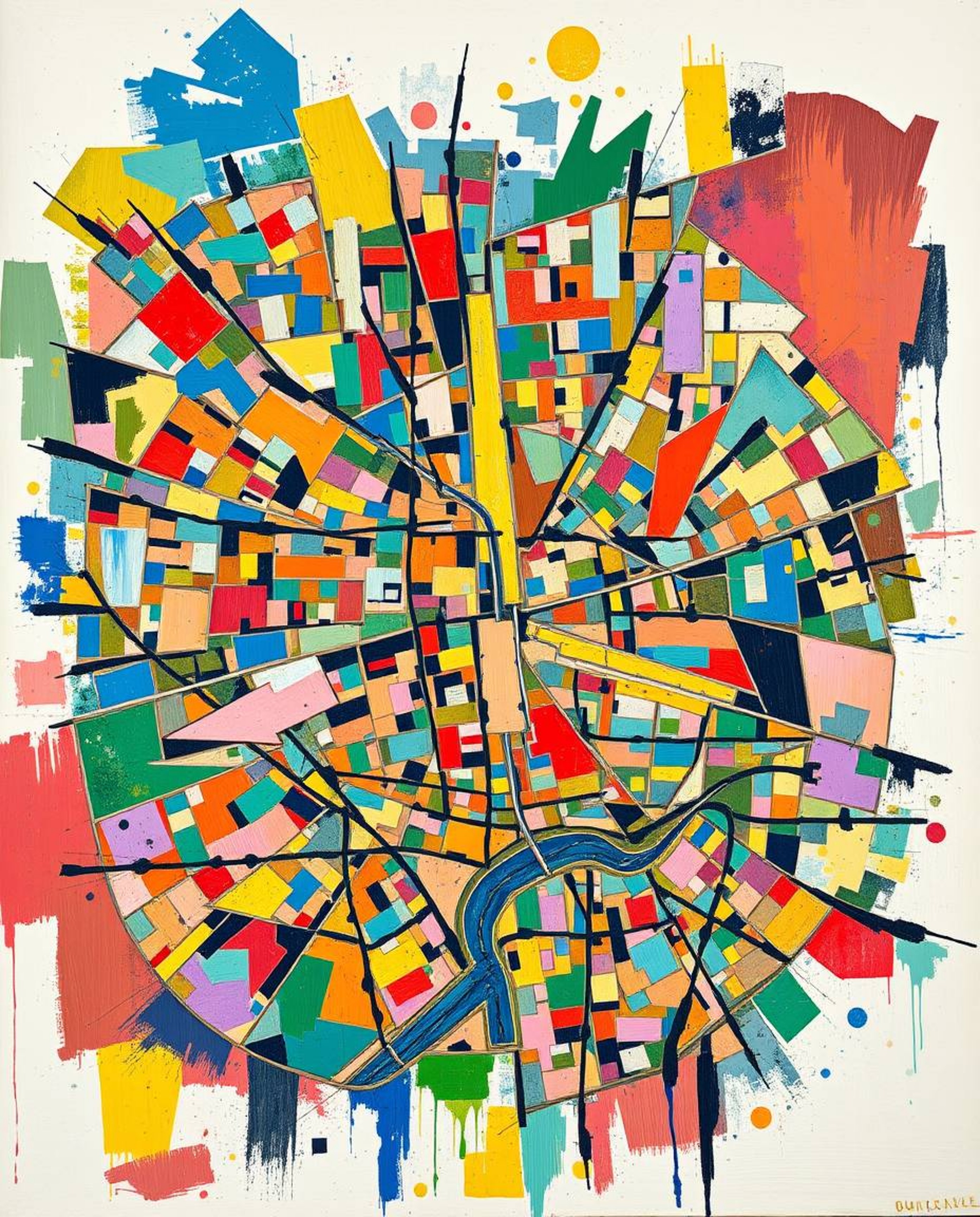 A captivating abstract city map, rendered in the style of a classic oil painting.  Visible brushstrokes and rich textures con