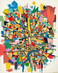 A captivating abstract city map, rendered in the style of a classic oil painting.  Visible brushstrokes and rich textures con