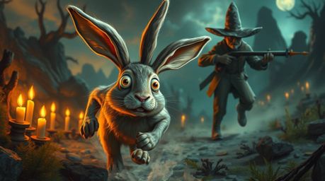Witness a dreamlike chase as a wacky rabbit with mismatched eyes and a perpetually surprised expression outruns a hunter in a