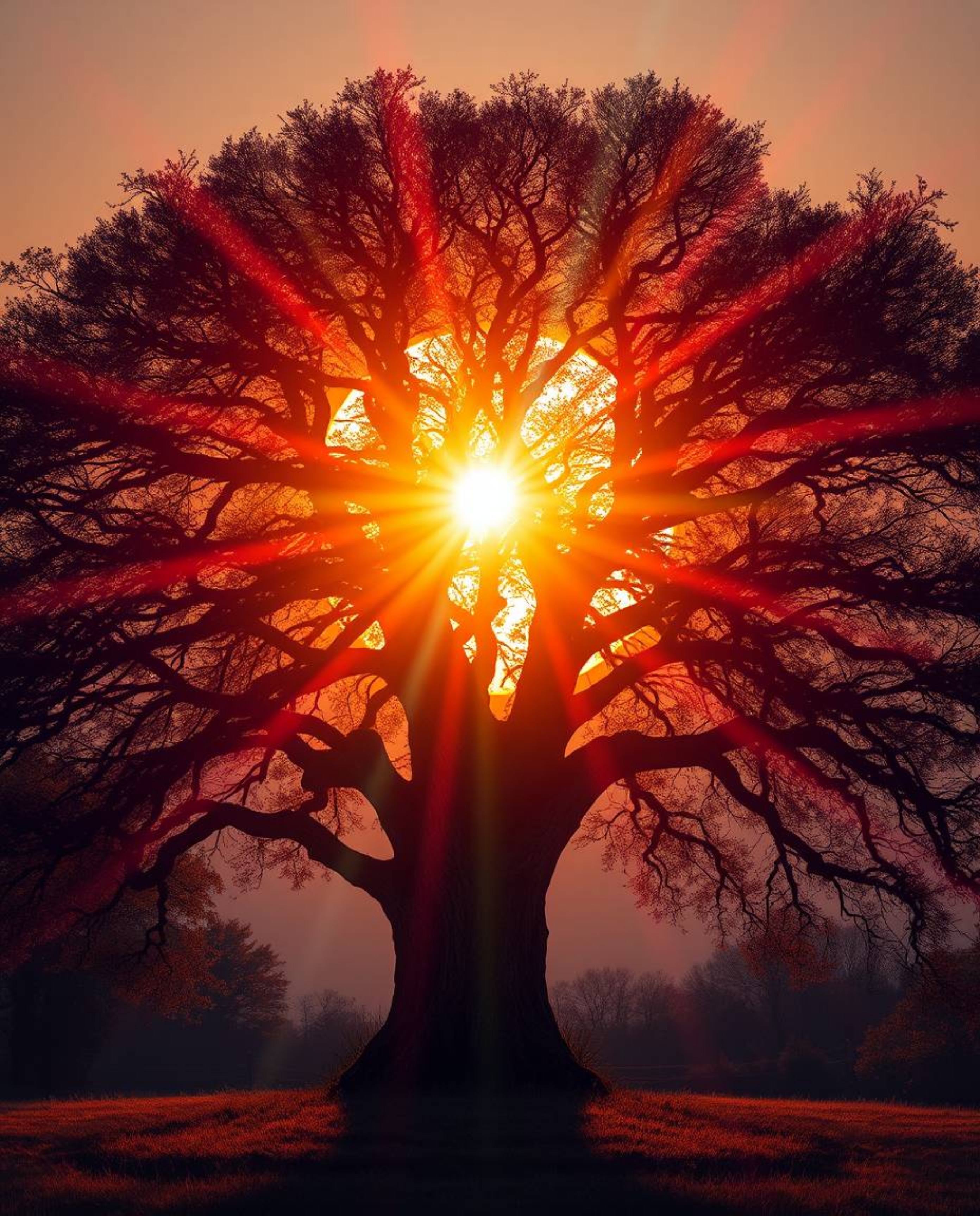 A moody style illustration of a sunset behind an old oak tree, with strong bright lens flares and low contrast. This artwork 