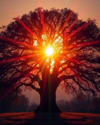 A moody style illustration of a sunset behind an old oak tree, with strong bright lens flares and low contrast. This artwork 