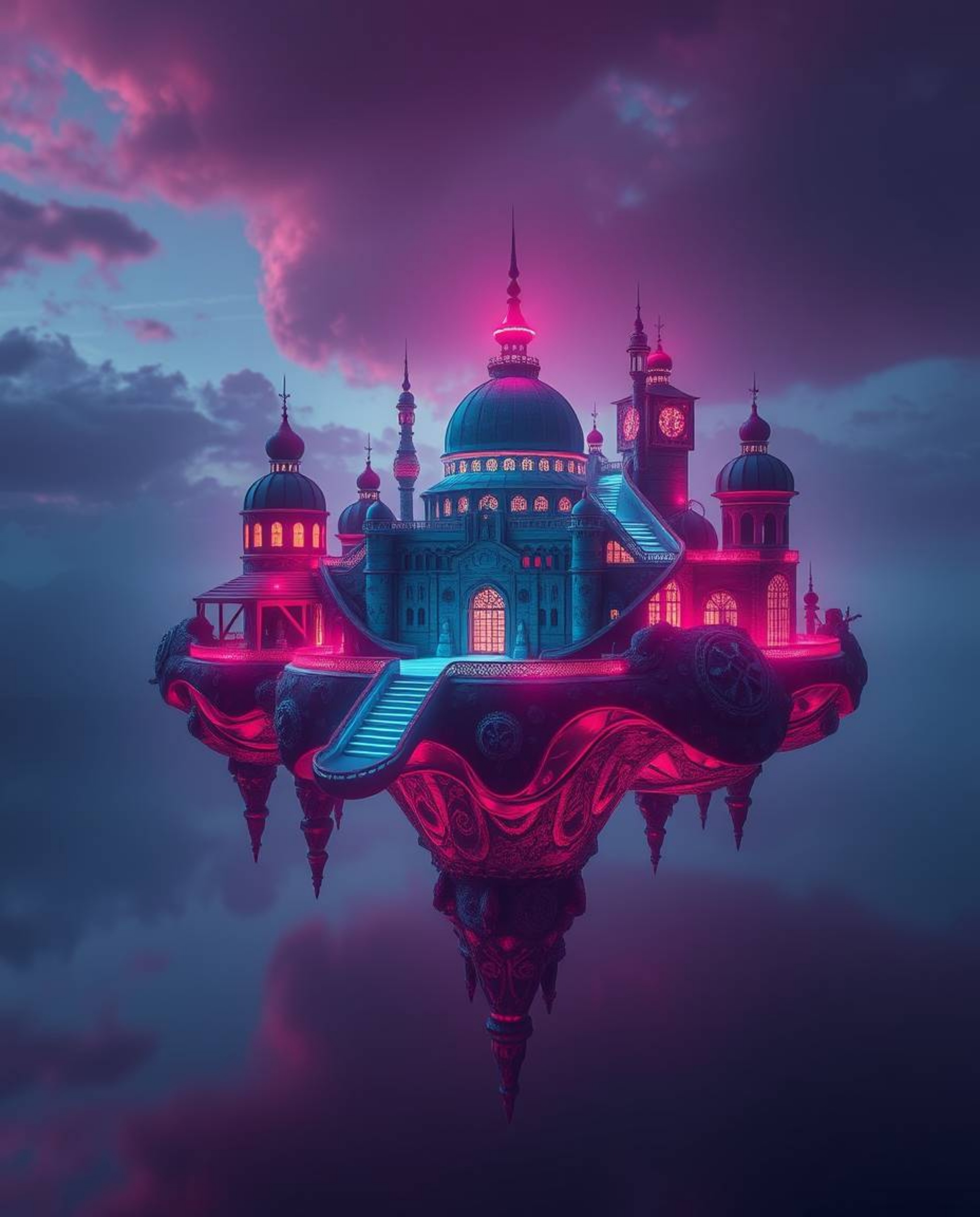 This high-resolution stock photo showcases a surreal floating island featuring strange and captivating architecture. Bathed i
