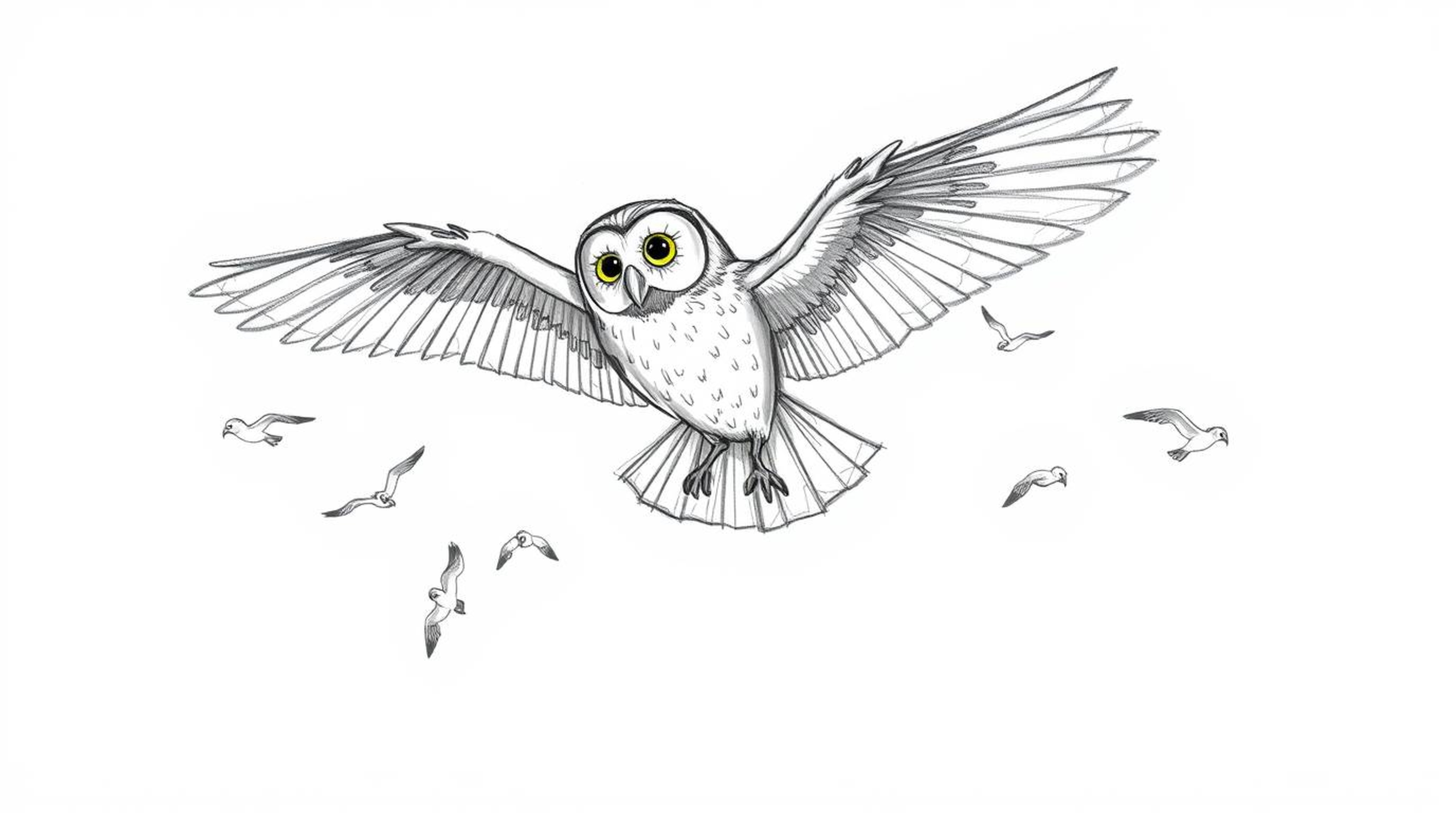 A captivating hand-drawn sketch, reminiscent of Pixar animation, portrays a blind owl gracefully mid-flight. This remarkable 