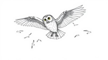 A captivating hand-drawn sketch, reminiscent of Pixar animation, portrays a blind owl gracefully mid-flight. This remarkable 