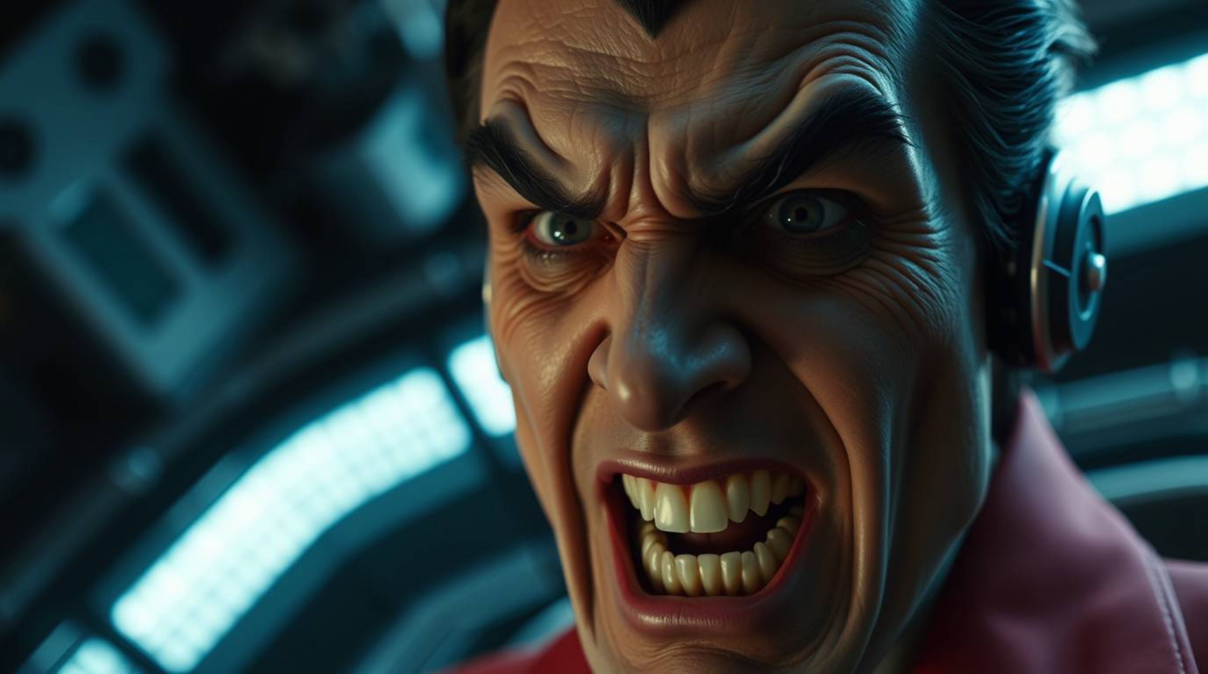 A captivating close-up shot capturing a villain's humorous breakdown within a high-tech lair. Gentle, soft light casts diffus
