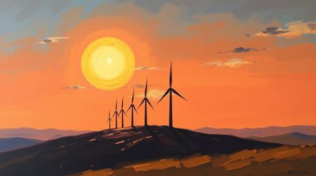A captivating classic oil painting showcases a vibrant sunset casting its golden hues behind a row of wind turbines perched a